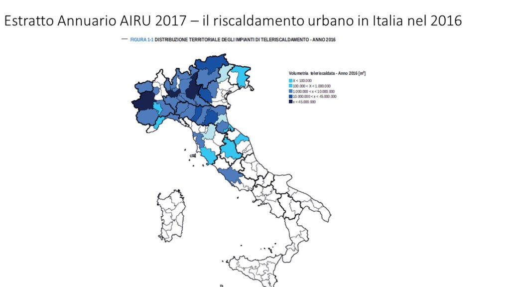 il teleriscaldamento in Italia nel 2016 - distribuzione territoriale reti teleriscaldamento censite dall'annuario AIRU 2017