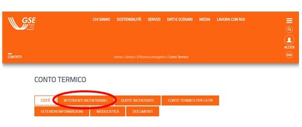 Sezione Conto Termico del portale GSE - interventi incentivabili